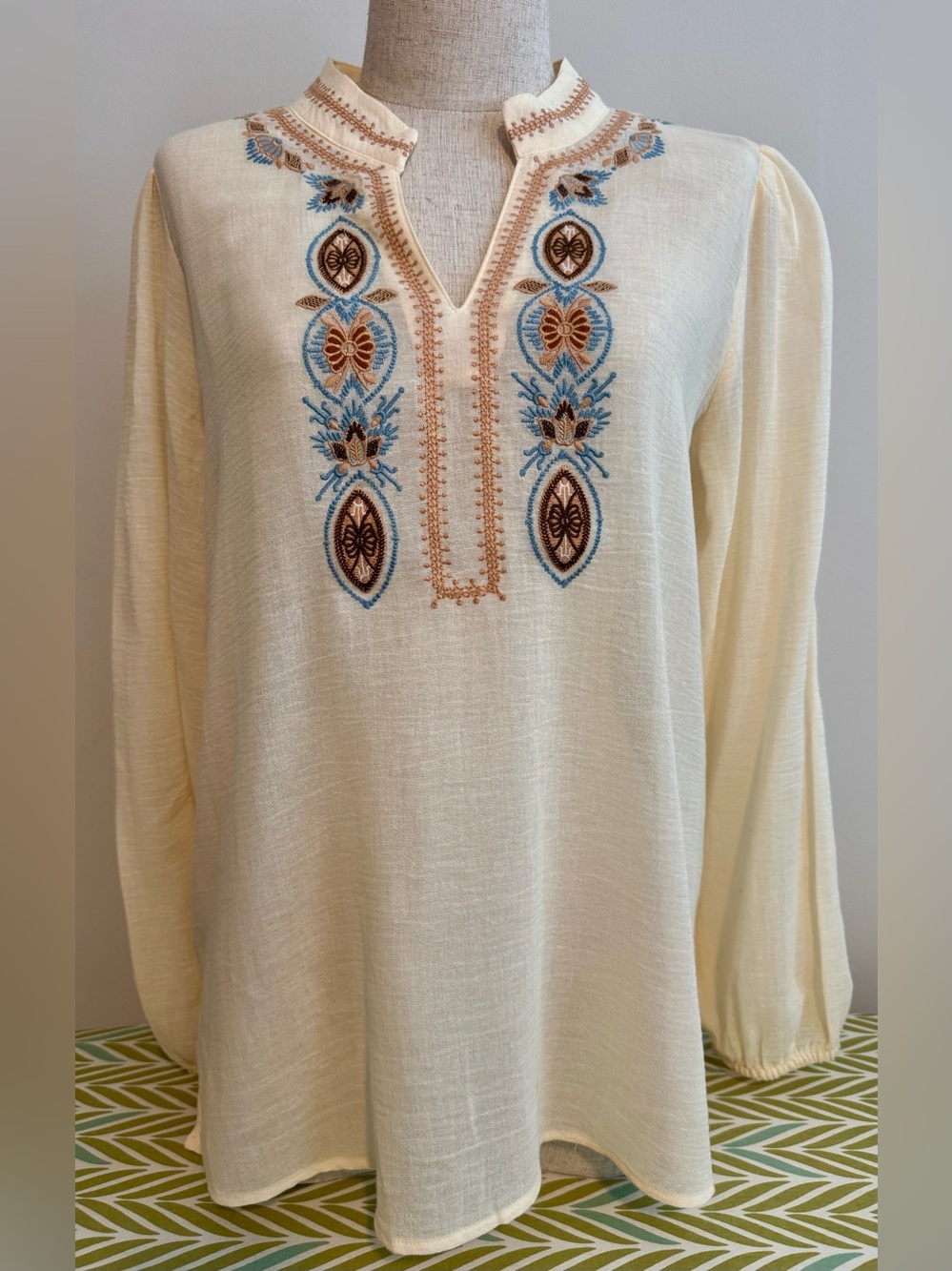 Spartina 449 Cream Tunic with Blue & Brown Embroidery